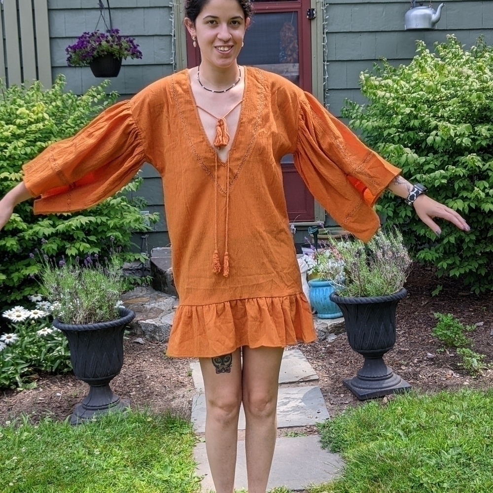 Storia Boho Dress Rust Orange Tassells Oversized Bell Sleeves Small Beautiful!!! - Picture 9 of 10
